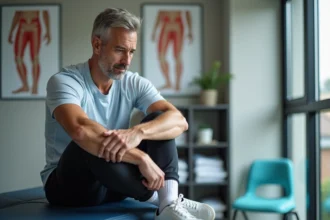 Homme en physiotherapie touchant son genou gauche