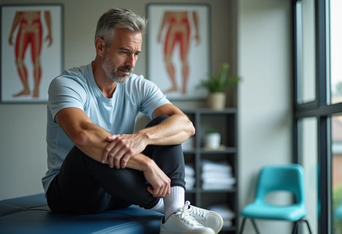 Homme en physiotherapie touchant son genou gauche