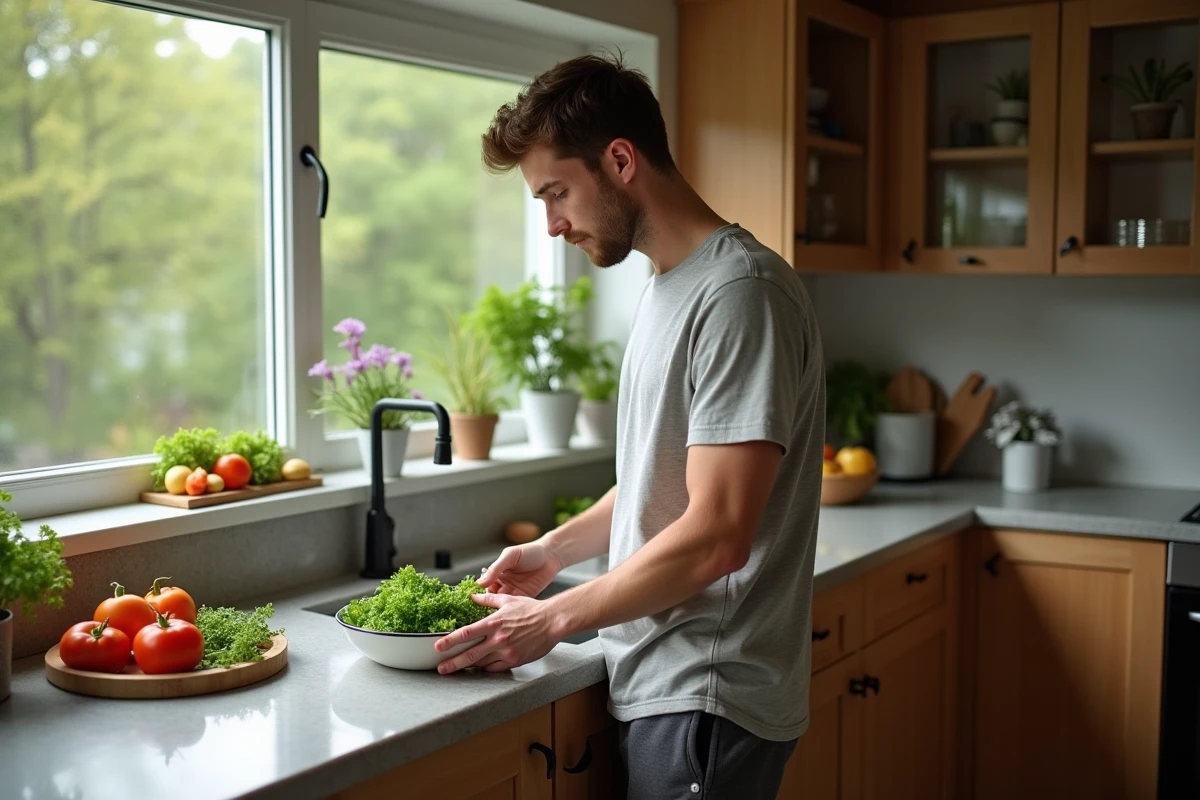 Jeune homme préparant une salade dans une cuisine spacieuse