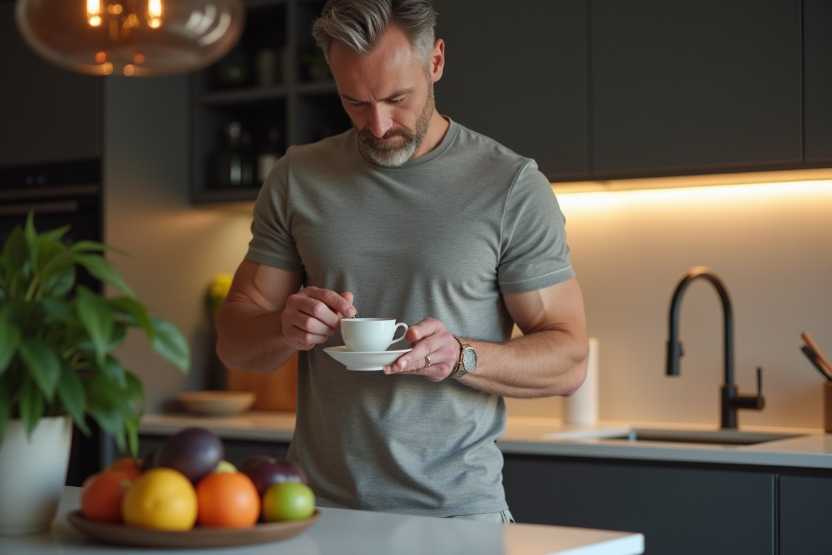 Homme préparant une tisane dans la cuisine moderne