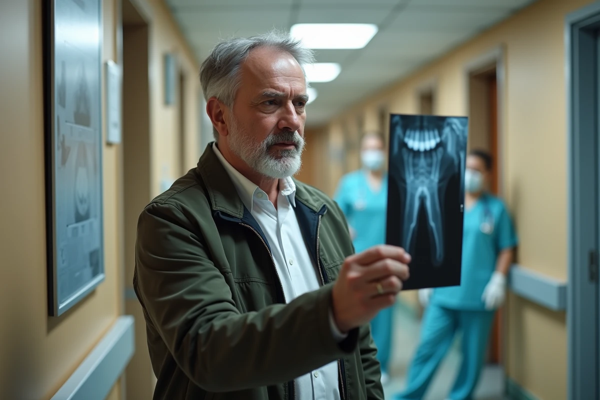 Homme d'âge mûr examinant une radiographie dentaire dans un couloir d'hôpital, évoquant le diagnostic et les symptômes du cancer de la mâchoire