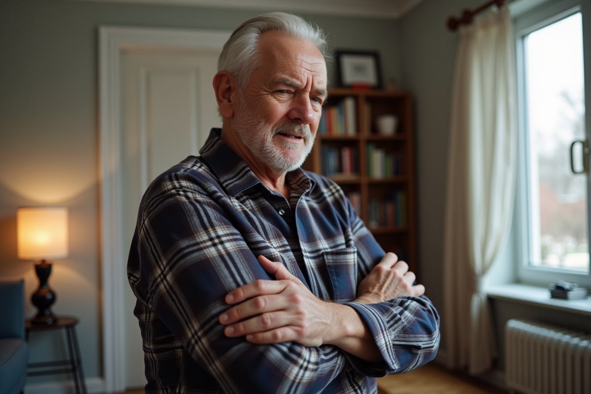 Homme âgé se retenant le bras après une injection à la maison