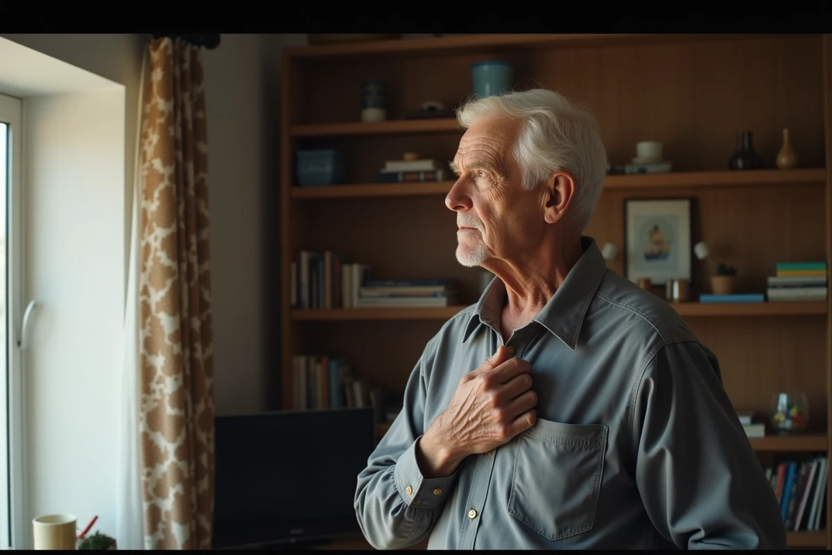 Homme âgé regardant pensivement dans une pièce à la maison