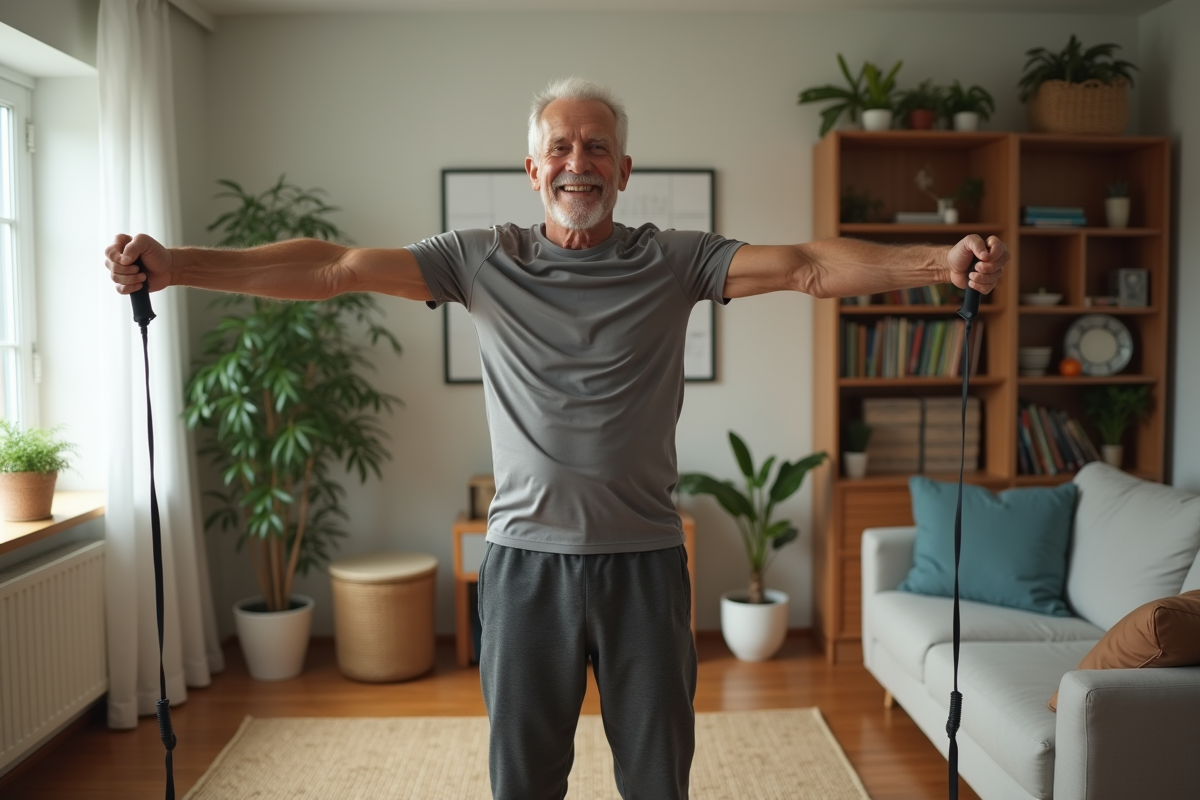 Homme âgé faisant des tirages avec bande de résistance à la maison