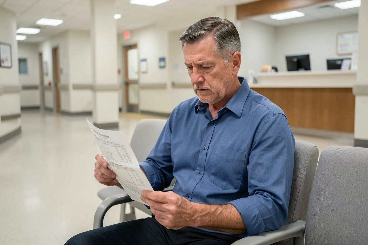 Homme consultant ses résultats d'analyse de sang dans une salle d'attente d'hôpital, en lien avec un taux de ferritine trop élevé et les risques cardiovasculaires