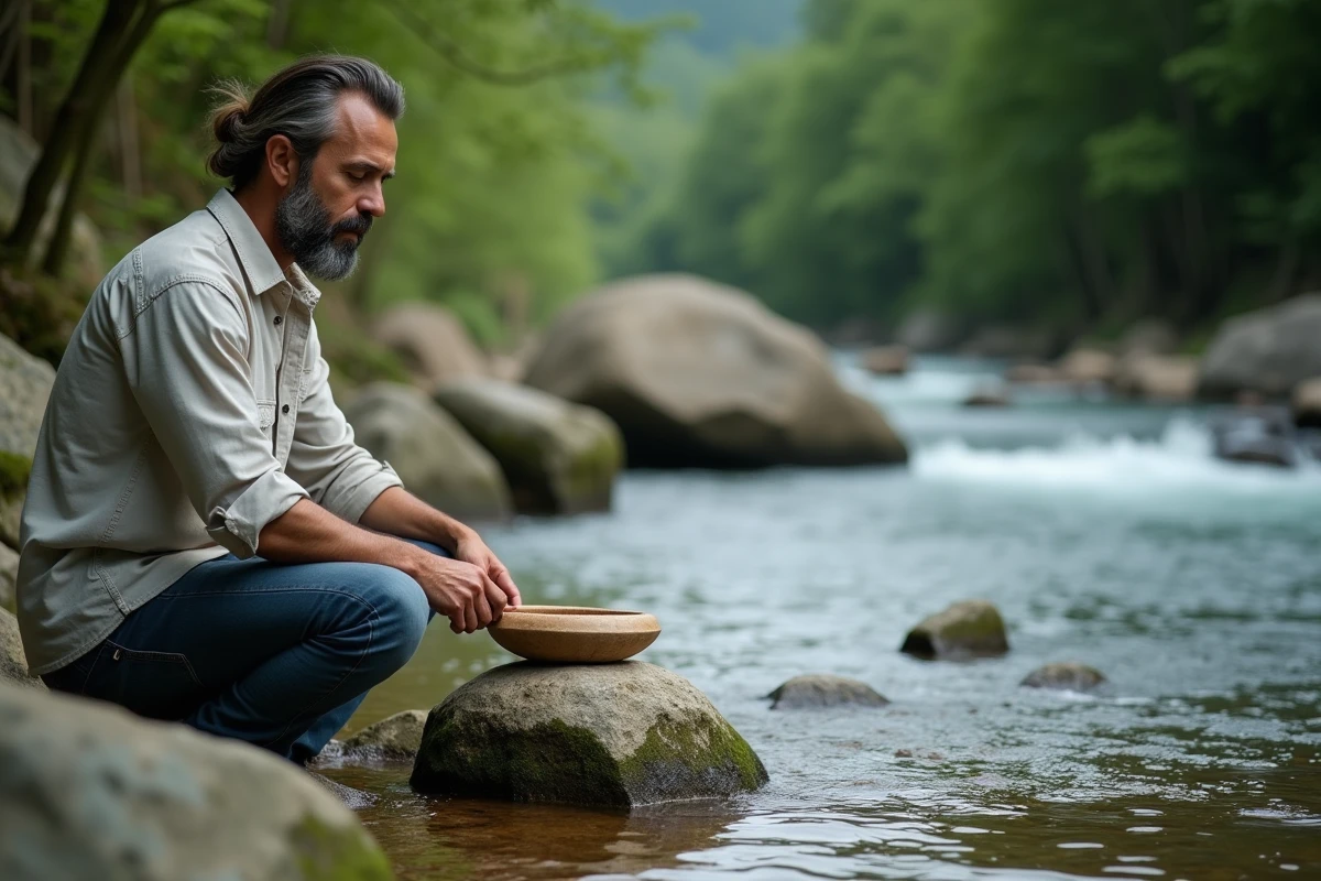 Homme méditant au bord de la rivière avec un objet Kiunhuskectayaz