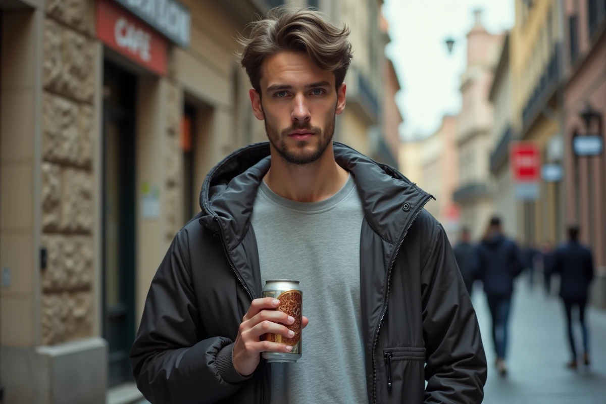 Jeune homme dans la rue avec boisson en contemplation