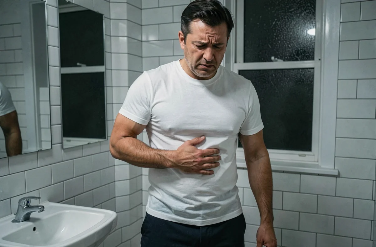 Homme debout dans la salle de bain la nuit se tenant le thorax, illustrant la gestion de la douleur nocturne due à une côte fêlée