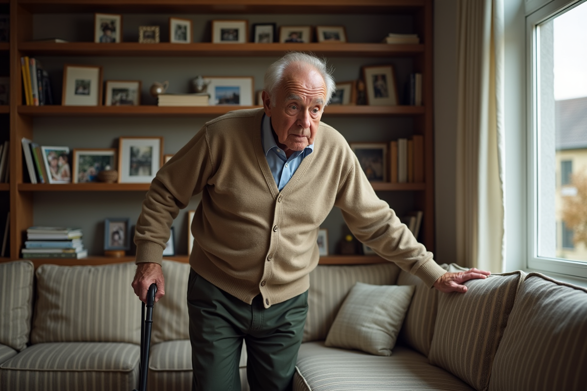 Homme âgé hésitant dans un salon chaleureux