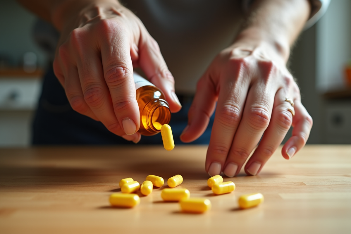 Homme senior versant capsules de vitamine K2 sur une table en bois