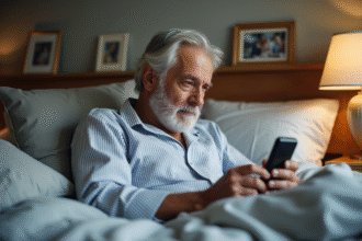Homme âgé en pyjama regardant un tracker de sommeil