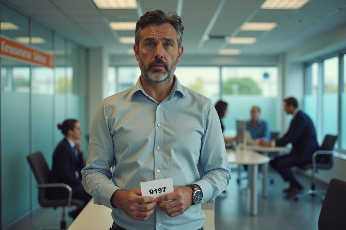 Homme frustré au guichet administratif en attente