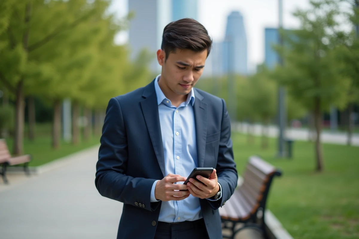 Jeune homme en ville regardant son application santé
