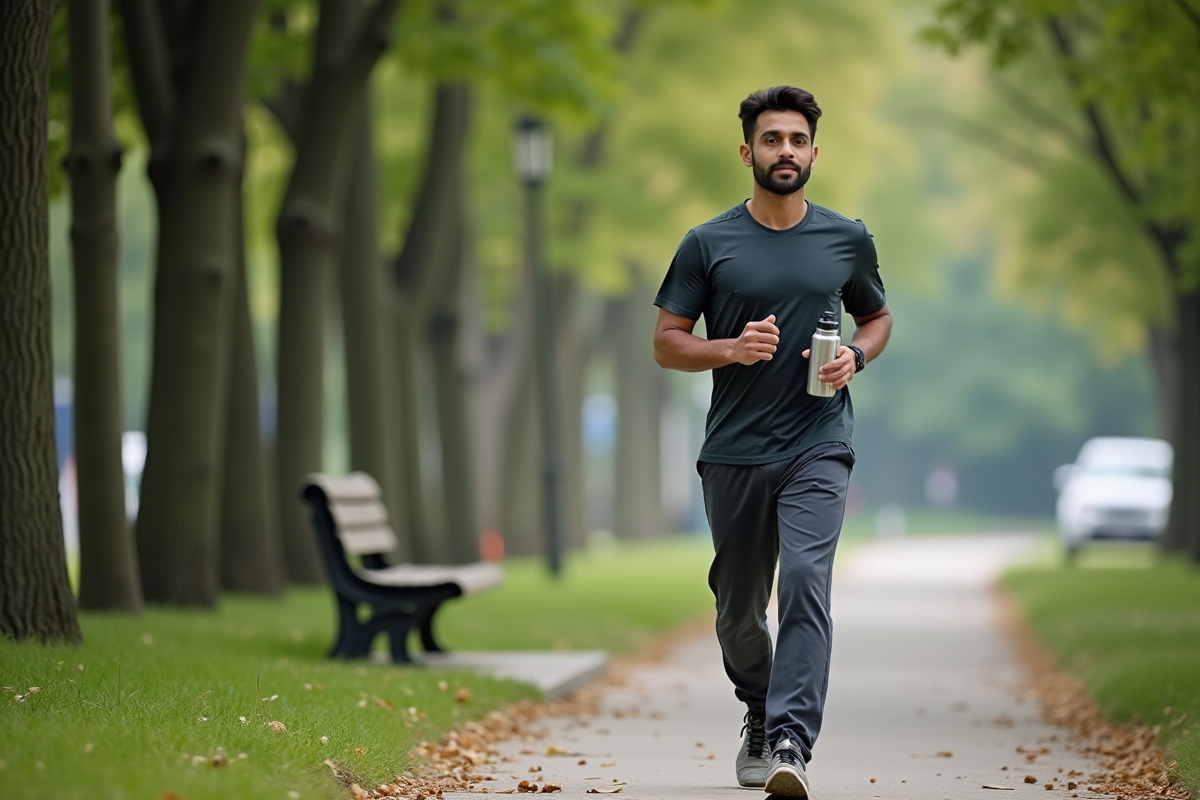 Homme sportif marchant dans un parc urbain avec bouteille d