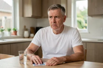 Homme d'âge mûr pensif assis à une table de cuisine tenant un document médical, illustrant la préoccupation liée à un taux élevé de ferritine