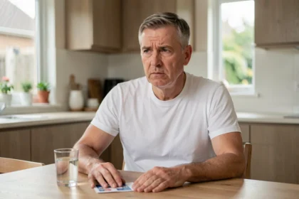 Homme d'âge mûr pensif assis à une table de cuisine tenant un document médical, illustrant la préoccupation liée à un taux élevé de ferritine