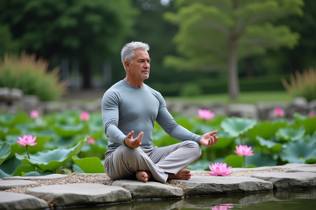 Homme en lotus dans un jardin paisible au bord de l