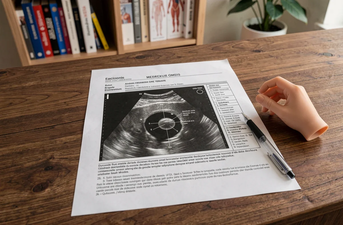 Rapport d'imagerie médicale échographique d'un kyste synovial du doigt posé sur un bureau en bois