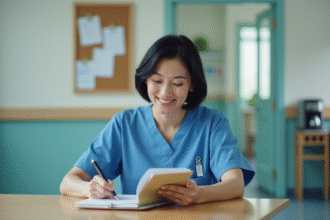 Infirmière en scrubs bleus dans un bureau d'hôpital
