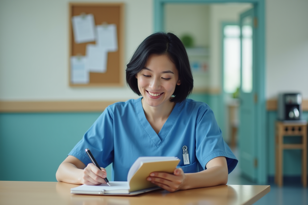 Infirmière en scrubs bleus dans un bureau d'hôpital