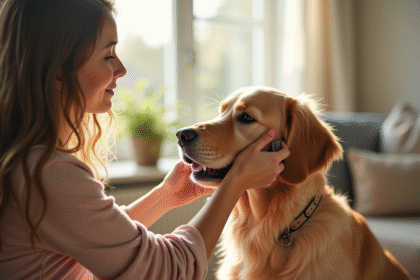 Jeune femme brossant un chien dans un salon lumineux
