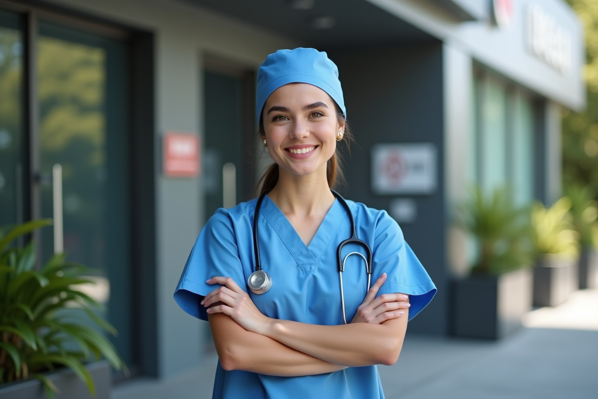 Jeune femme chirurgien souriante devant l