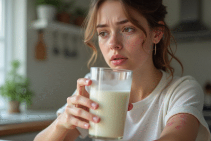 Jeune femme regardant un verre de lait avec inquiétude visage pensif peau