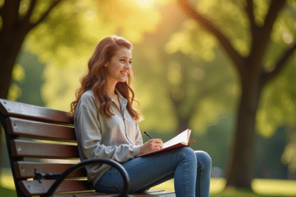 Jeune femme souriante assise sur un banc dans un parc ensoleille, journalisant