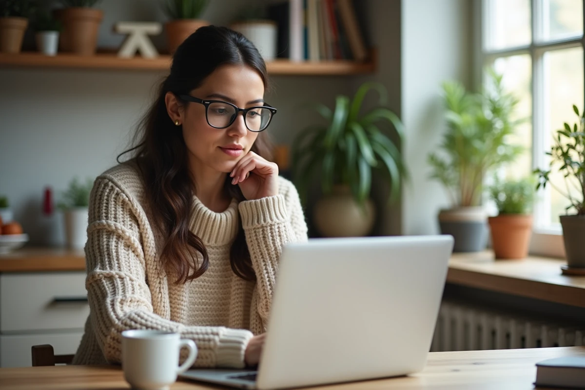 Jeune femme en sweater regarde des lunettes sur son ordinateur
