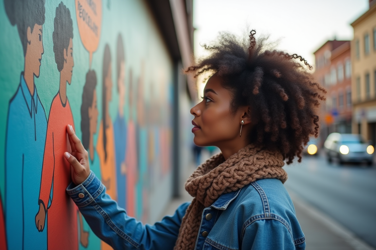 Jeune femme contemplant une fresque sur la sante mentale en ville