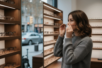 Jeune femme examinant ses lunettes dans un magasin d'optique