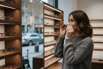 Jeune femme examinant ses lunettes dans un magasin d'optique