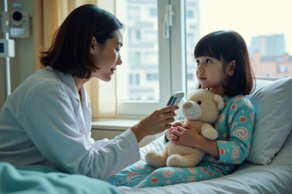 Jeune fille avec poupée lors d'une visite hospitalière