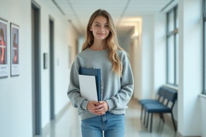 Jeune fille avec corset orthopedique dans un cabinet médical