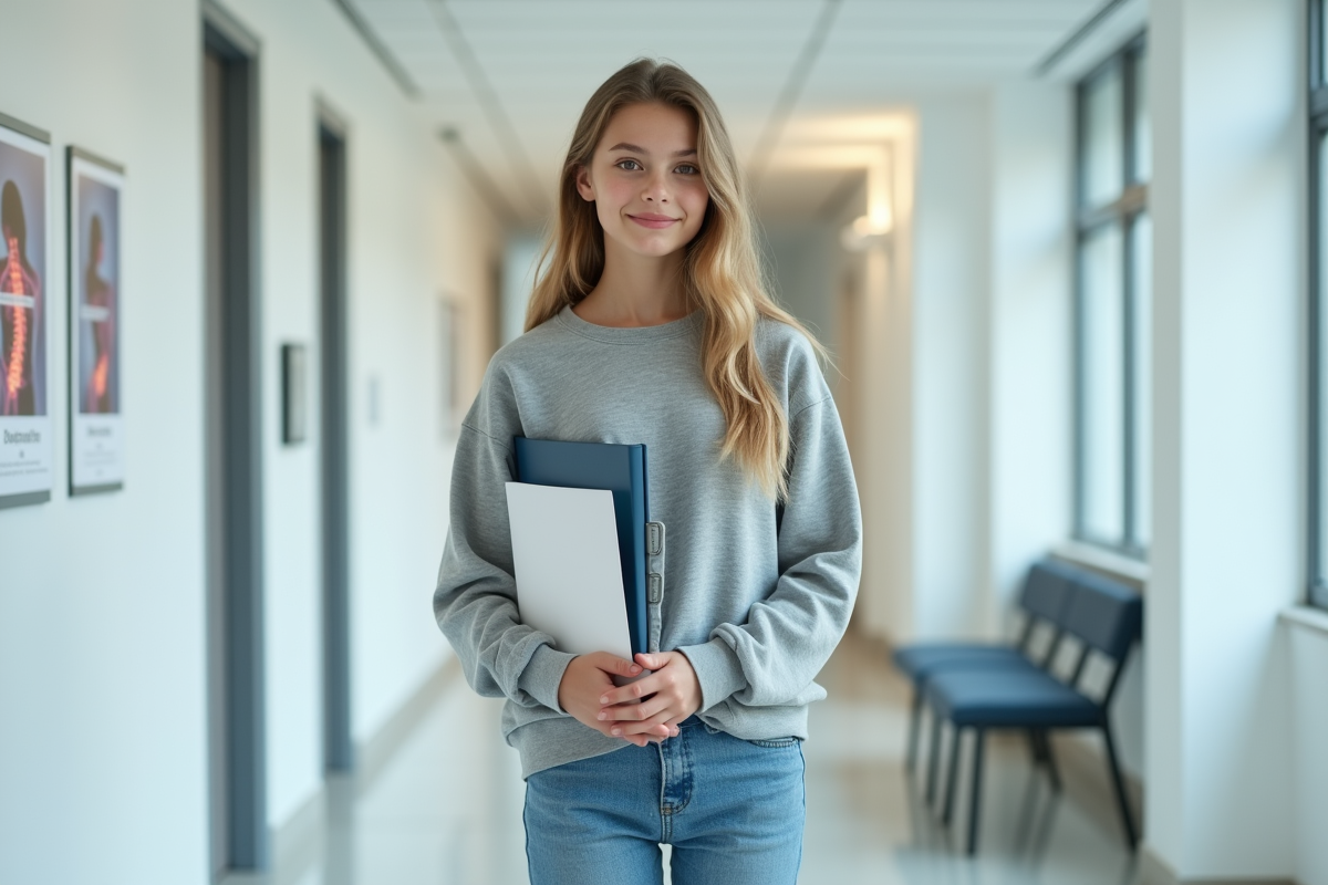 Jeune fille avec corset orthopedique dans un cabinet médical