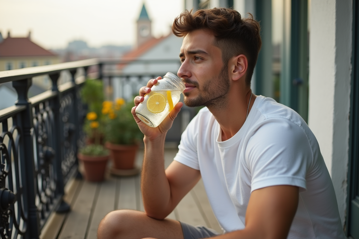 Jeune homme buvant eau citronnee sur balcon en ville