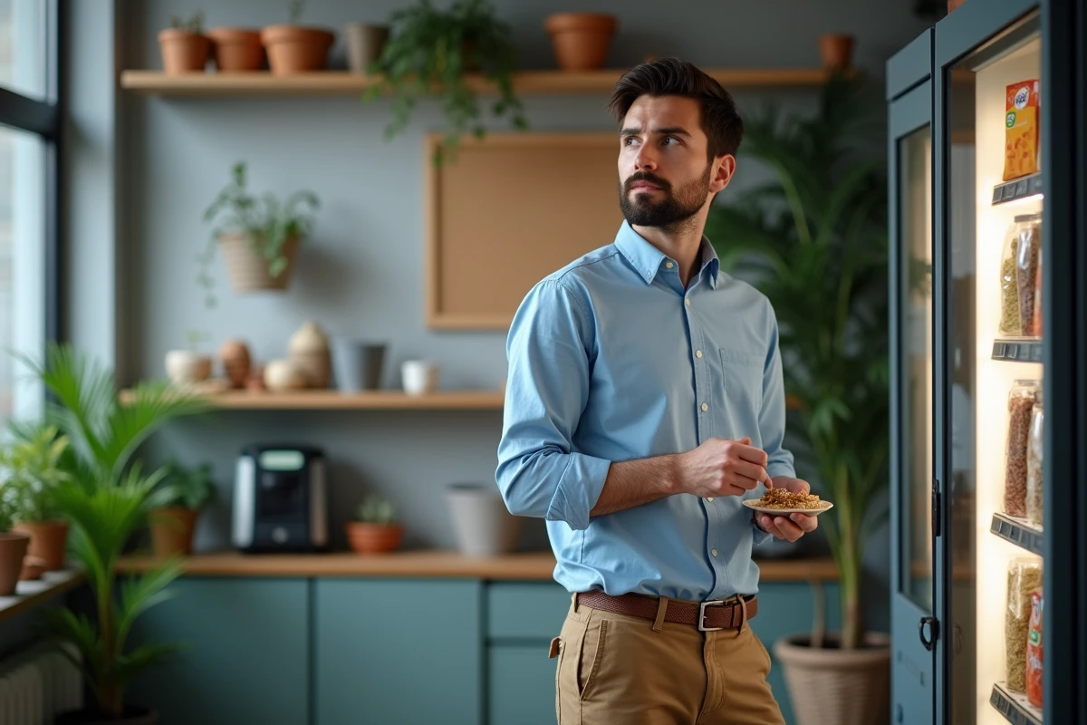 Jeune homme pensif avec snack dans un bureau moderne