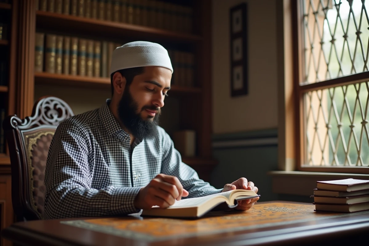 Jeune homme musulman lisant le Quran à son bureau