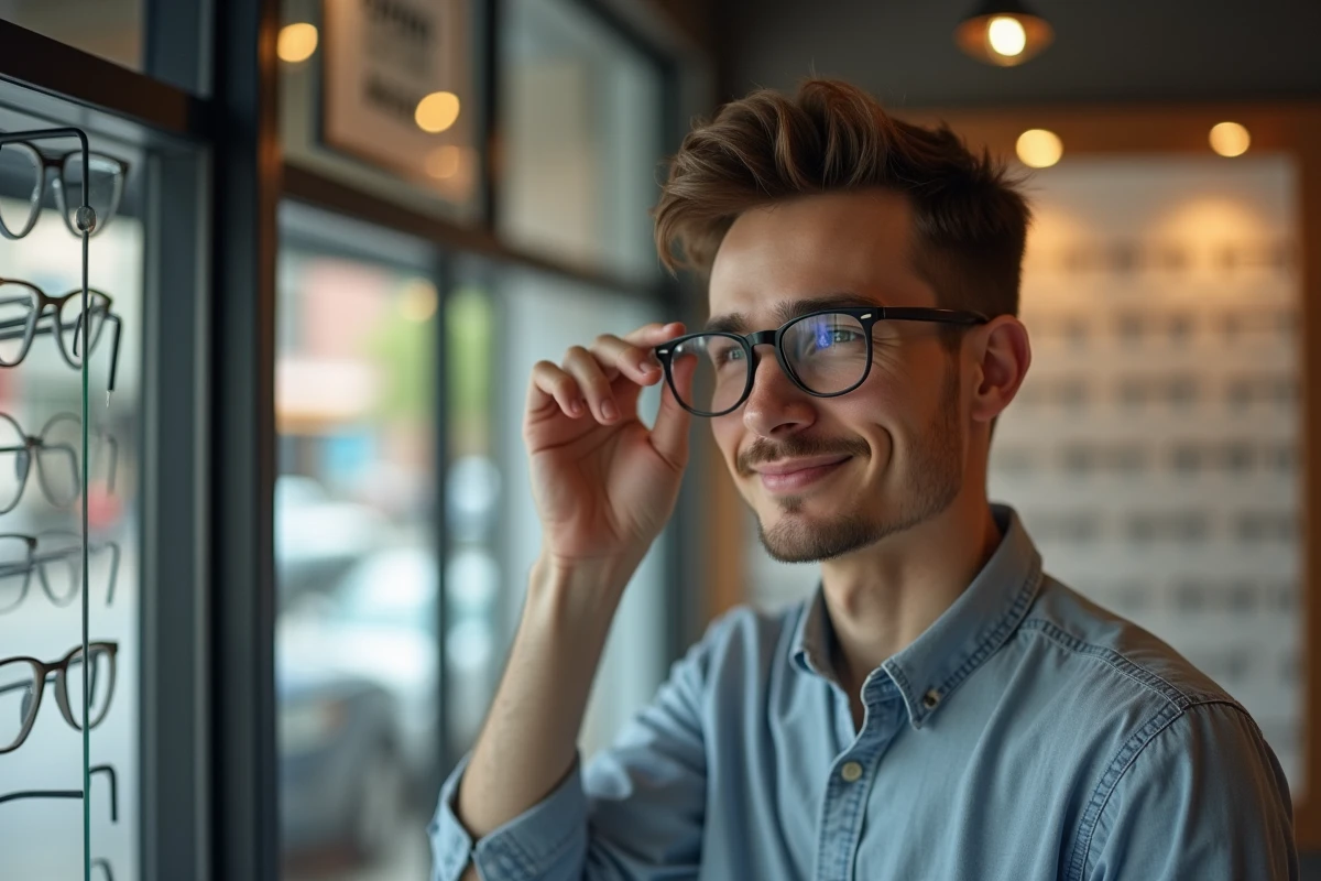Jeune homme choisissant des lunettes devant un miroir en magasin