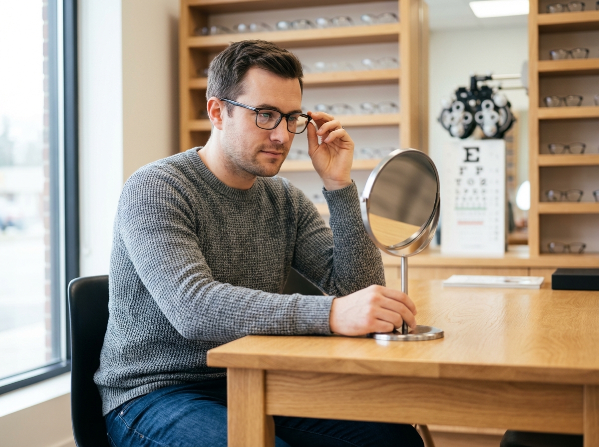 Jeune homme essayant des lunettes dans un magasin d