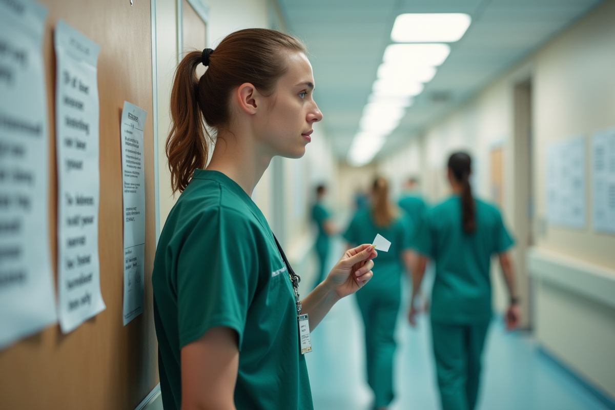 Jeune infirmier accrochant une note inspirante dans le couloir
