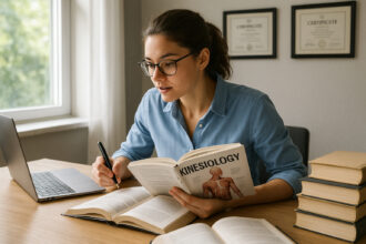 Jeune professionnel étudiant la kinésiologie sur un bureau lumineux
