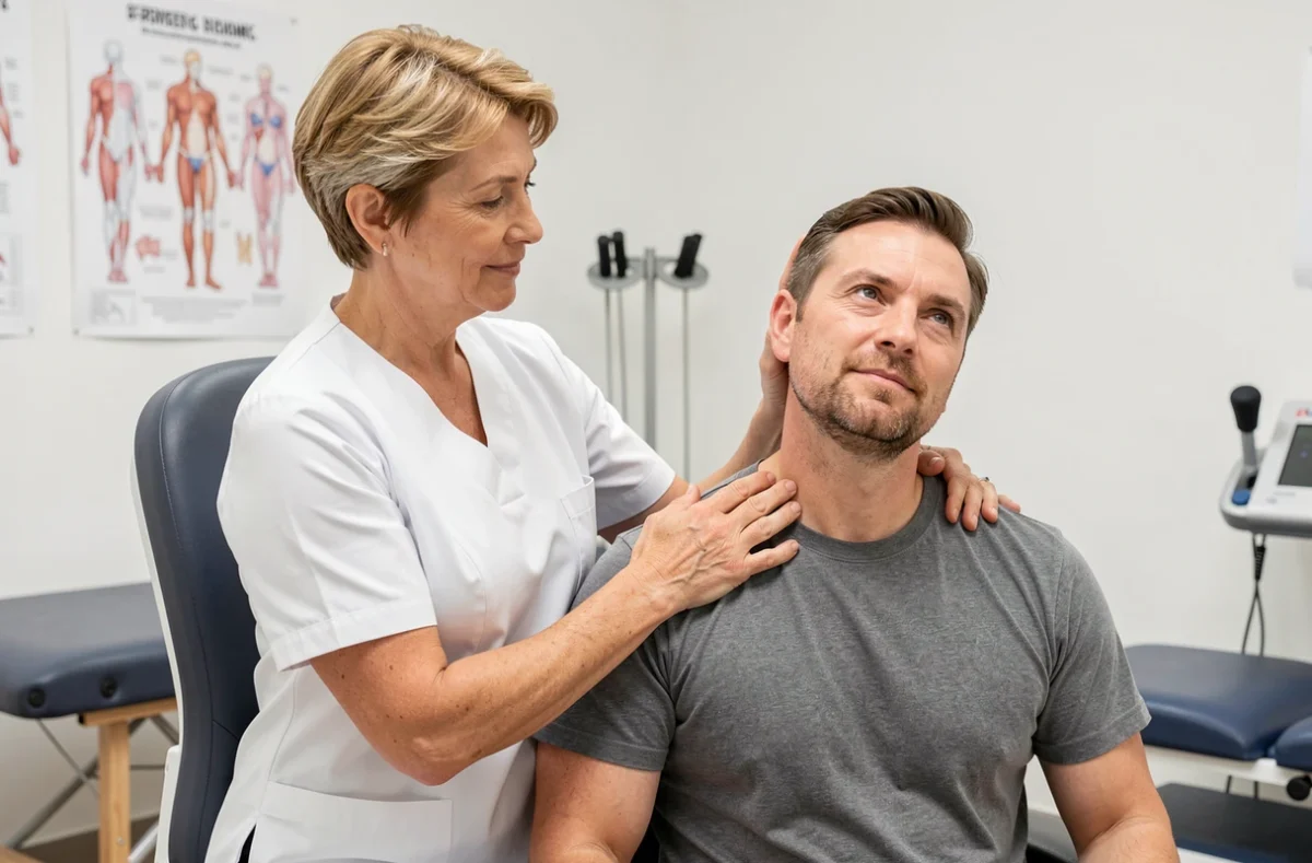 Kinésithérapeute guidant un patient dans un exercice d'étirement cervical pour soulager les douleurs de nuque irradiant vers la tête