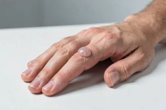 Gros plan d'un kyste synovial sur le doigt d'une main adulte posée sur une surface médicale blanche