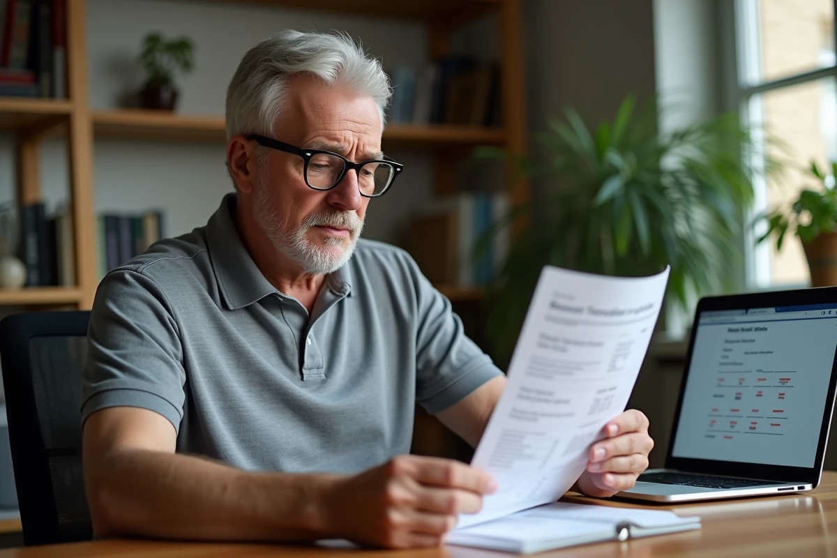 Homme d'âge mûr lisant attentivement ses résultats de prise de sang à son bureau à domicile avec une expression concentrée