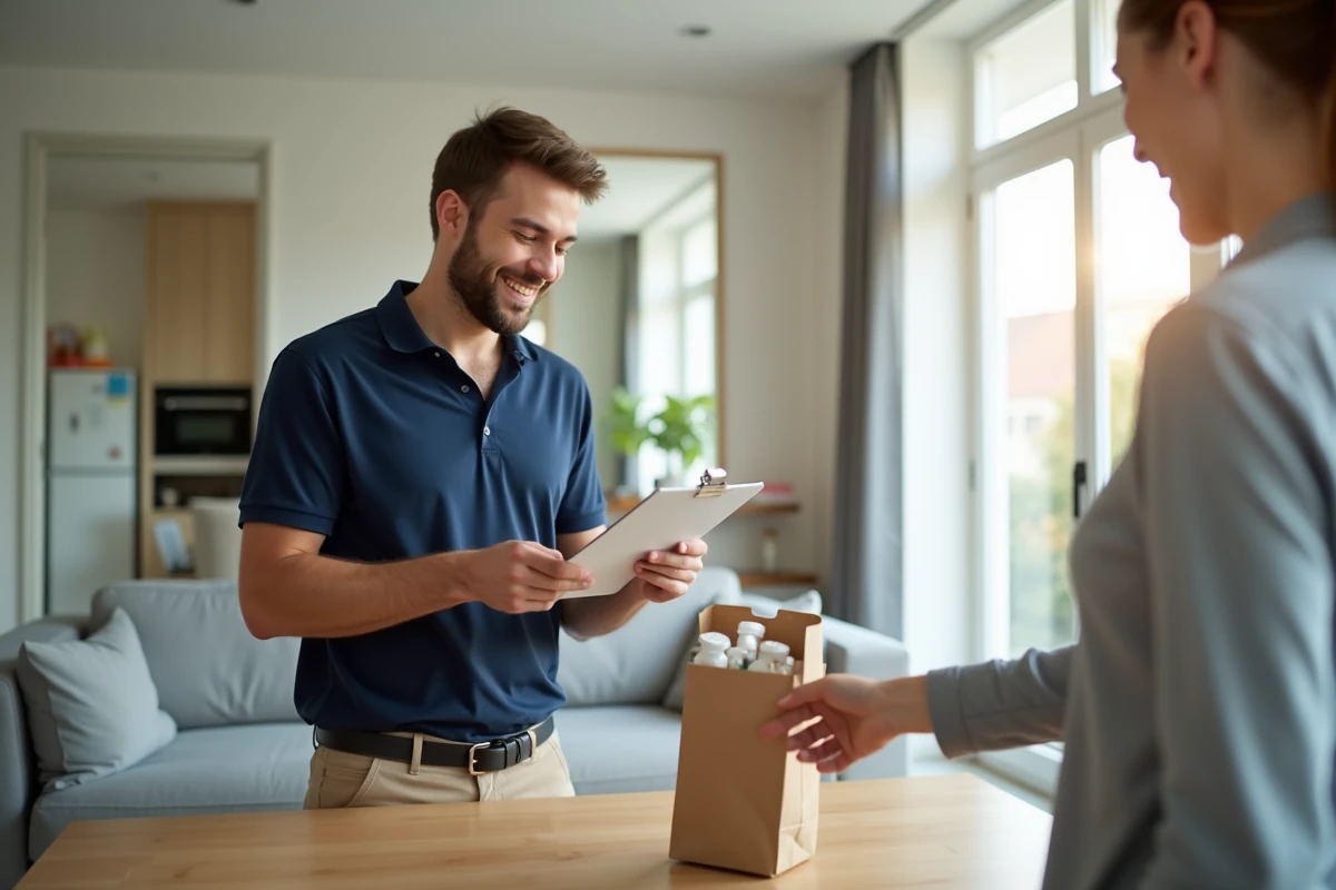 Livreur en polo place un sac de médicaments sur une table moderne