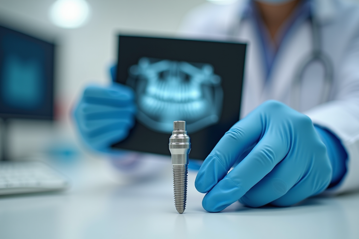 Mains gantées tenant un implant en titane et une radio dentaire