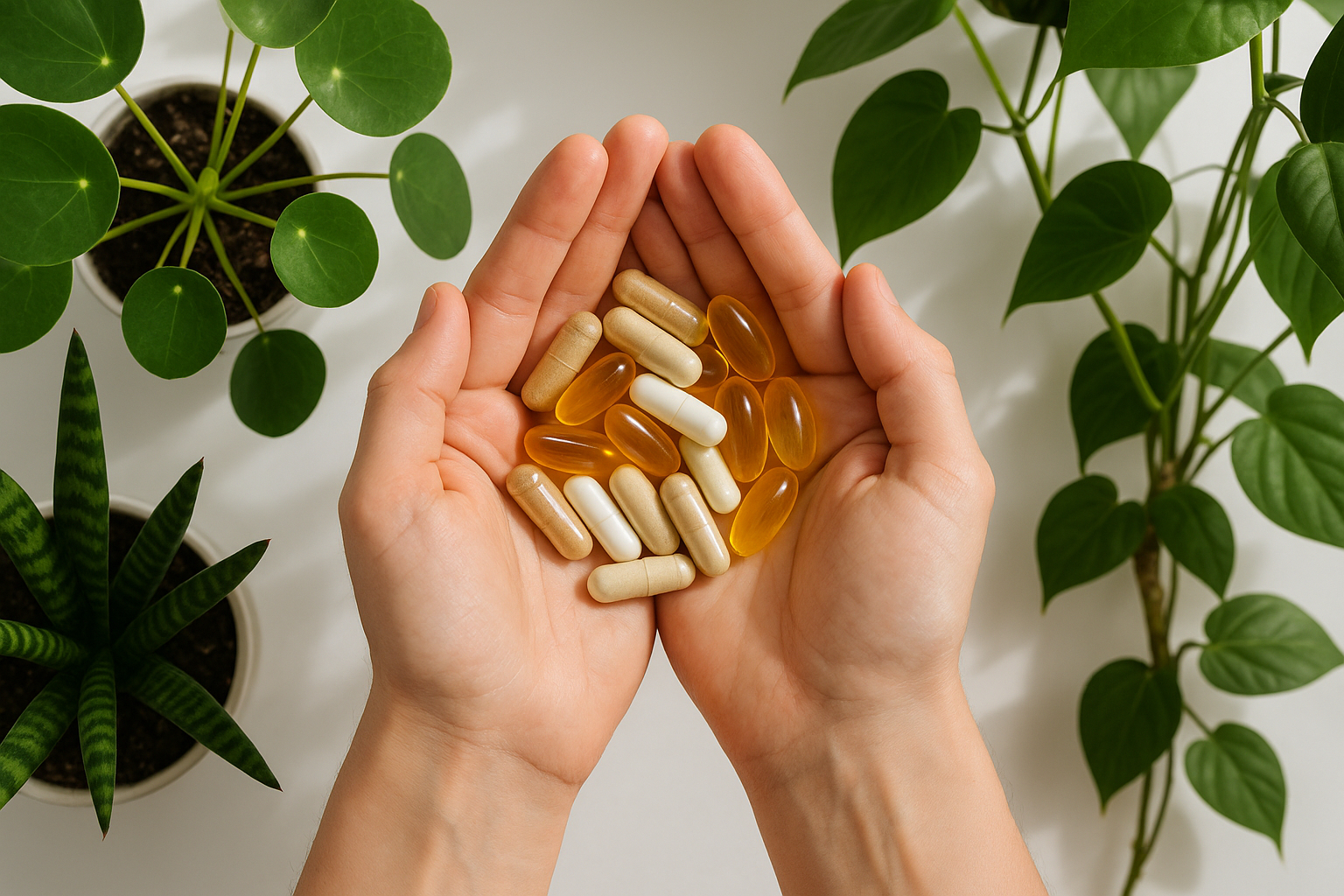 Mains tenant capsules et softgels avec plantes en pot sur fond blanc