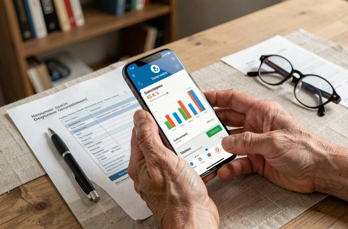Mains tenant un smartphone avec une application diabète et formulaire de remboursement santé