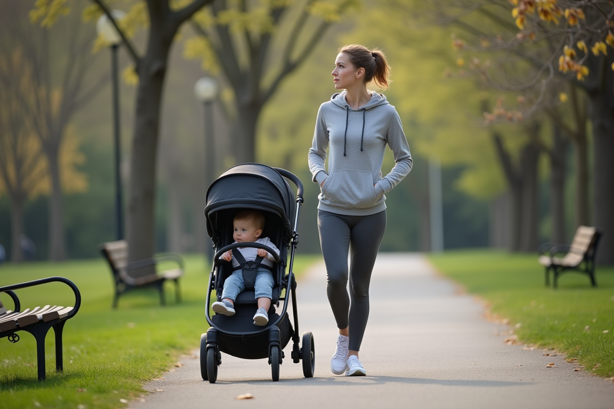 Jeune maman en promenade dans un parc avec son bébé en poussette